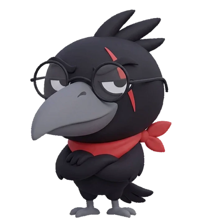 Corvo, a cartoon crow with glasses and a red bandana, waving